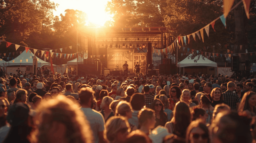 Festival musik terbaru di area outdoor saat senja dengan panggung akustik dan cahaya matahari hangat.
