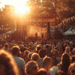 Festival musik terbaru di area outdoor saat senja dengan panggung akustik dan cahaya matahari hangat.