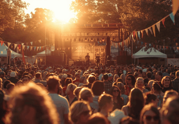 Festival musik terbaru di area outdoor saat senja dengan panggung akustik dan cahaya matahari hangat.