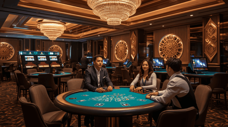 Suasana acara spesial casino dengan interior mewah dan pengunjung aktif