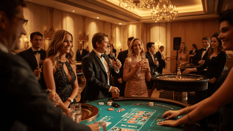 Suasana event casino akhir pekan di ballroom hotel dengan nuansa hangat