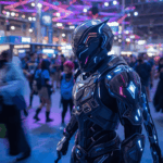 Cosplayer berarmor futuristik dengan LED menghadiri event cosplay terbesar 2025 di dalam convention center.