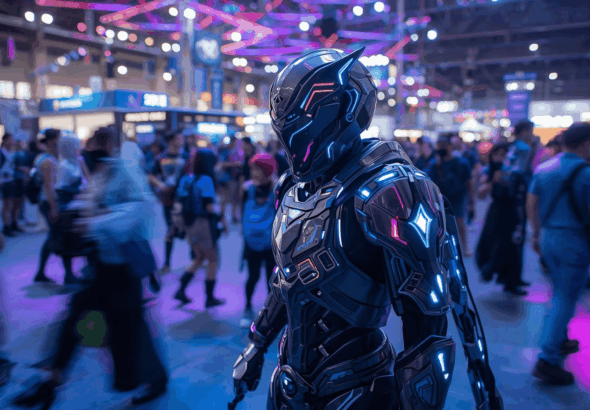 Cosplayer berarmor futuristik dengan LED menghadiri event cosplay terbesar 2025 di dalam convention center.