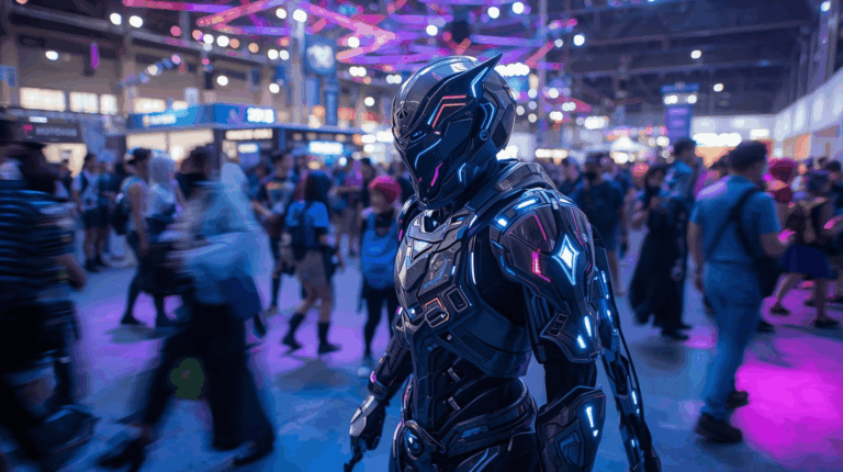 Cosplayer berarmor futuristik dengan LED menghadiri event cosplay terbesar 2025 di dalam convention center.