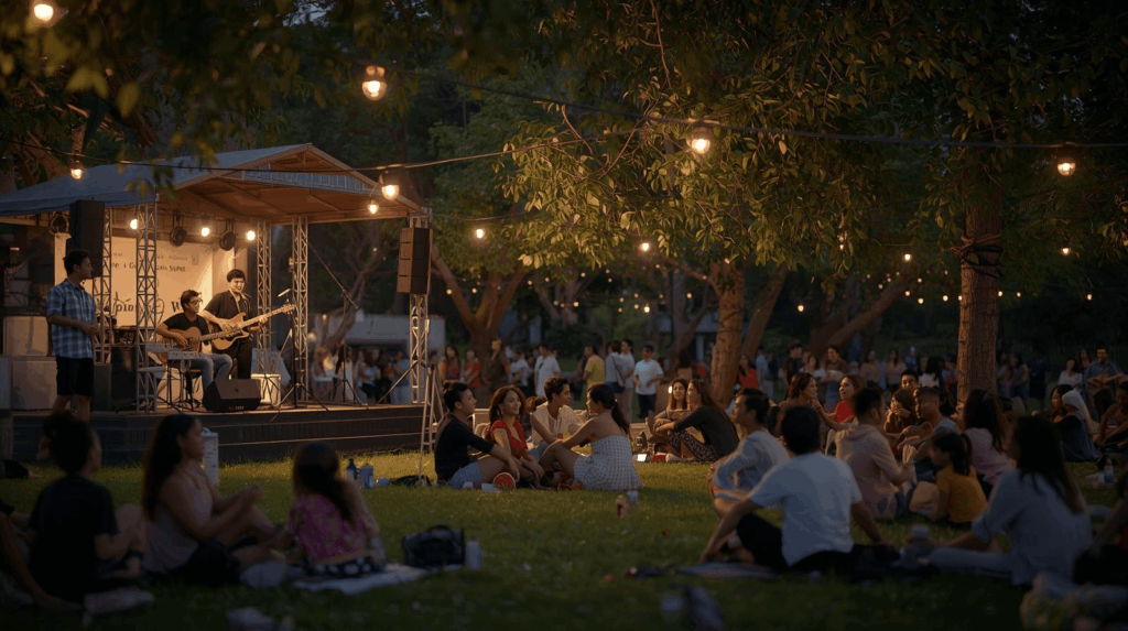 Suasana event hiburan akhir pekan outdoor di taman kota