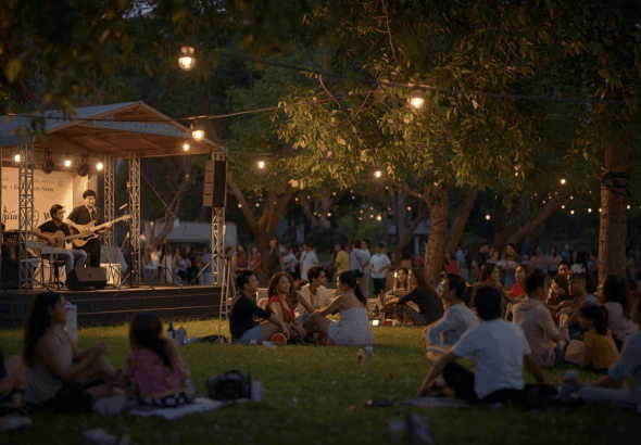 Suasana event hiburan akhir pekan outdoor di taman kota