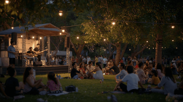 Suasana event hiburan akhir pekan outdoor di taman kota
