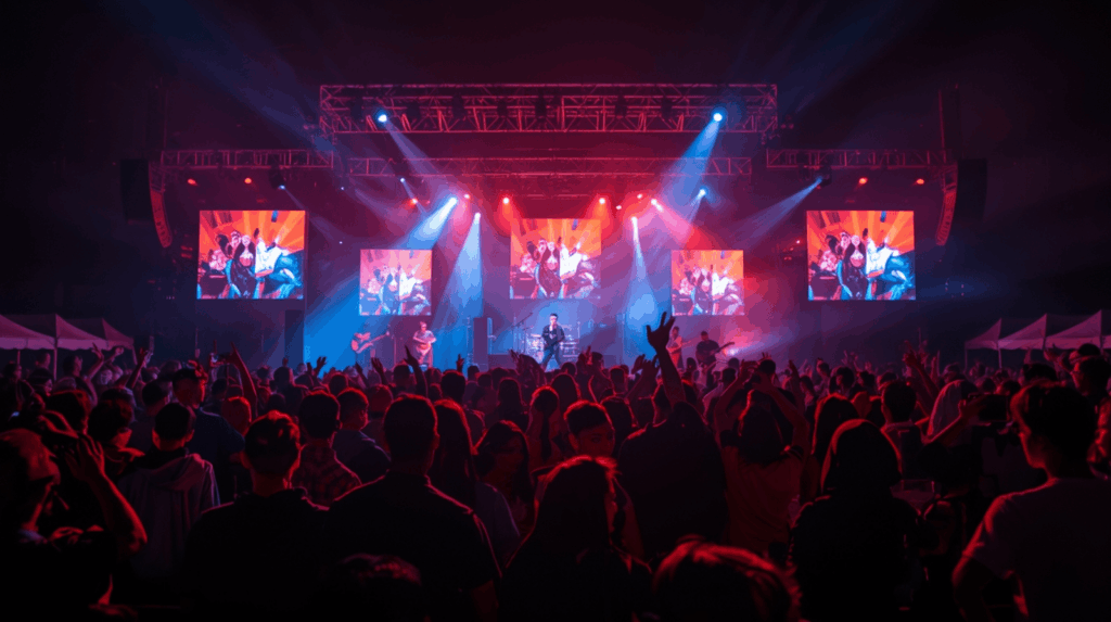 Suasana event hiburan malam dengan panggung musik dan penonton antusias