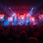 Suasana event hiburan malam dengan panggung musik dan penonton antusias