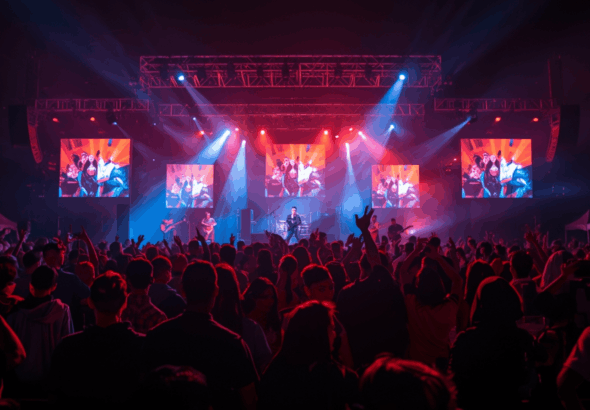 Suasana event hiburan malam dengan panggung musik dan penonton antusias