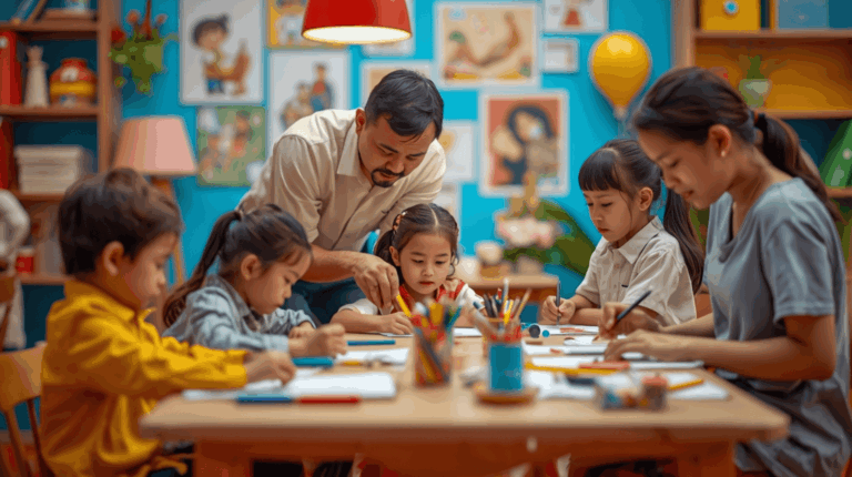 Workshop edukatif anak dan orang tua di event keluarga indoor akhir pekan