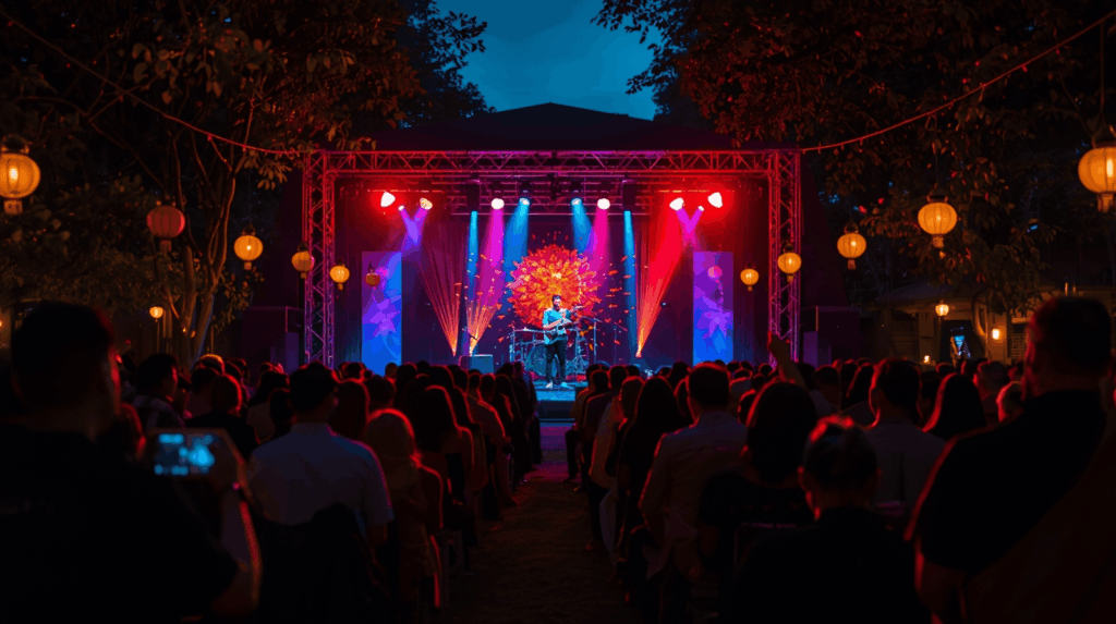 Penonton menikmati pertunjukan hiburan live di malam hari