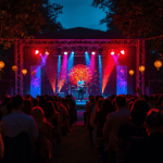 Penonton menikmati pertunjukan hiburan live di malam hari