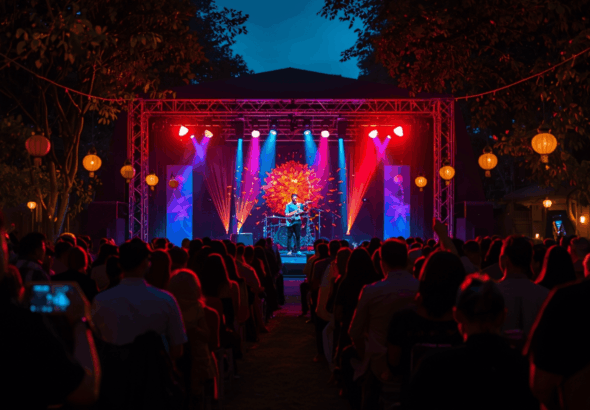 Penonton menikmati pertunjukan hiburan live di malam hari