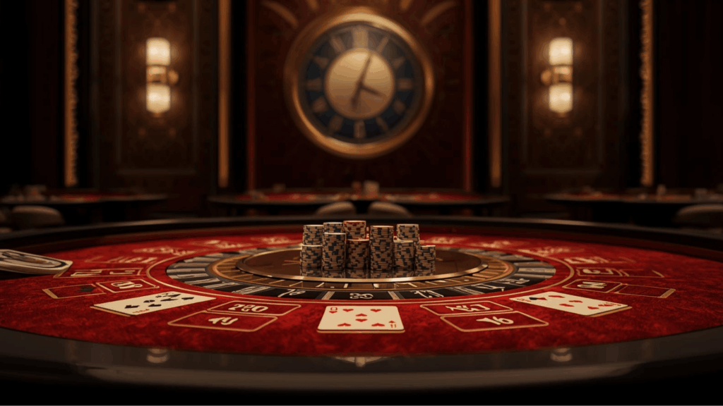 Meja kasino dengan jam dinding yang melambangkan manajemen waktu bermain.