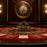 Meja kasino dengan jam dinding yang melambangkan manajemen waktu bermain.