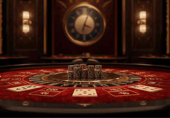 Meja kasino dengan jam dinding yang melambangkan manajemen waktu bermain.