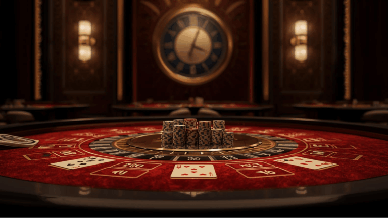 Meja kasino dengan jam dinding yang melambangkan manajemen waktu bermain.
