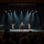 Penonton menyaksikan pertunjukan seni dan hiburan di teater modern dengan pencahayaan dramatis.