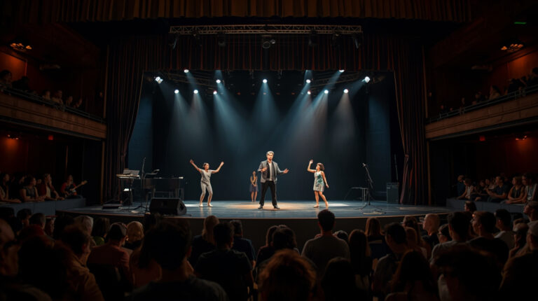 Penonton menyaksikan pertunjukan seni dan hiburan di teater modern dengan pencahayaan dramatis.
