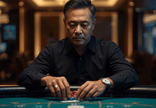 Pemain casino dewasa mengatur chip dengan tenang di meja permainan