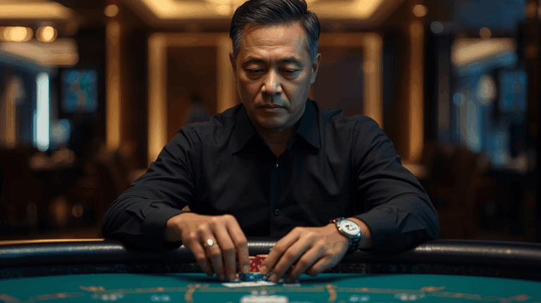 Pemain casino dewasa mengatur chip dengan tenang di meja permainan
