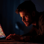 Pria fokus bermain slot online di malam hari