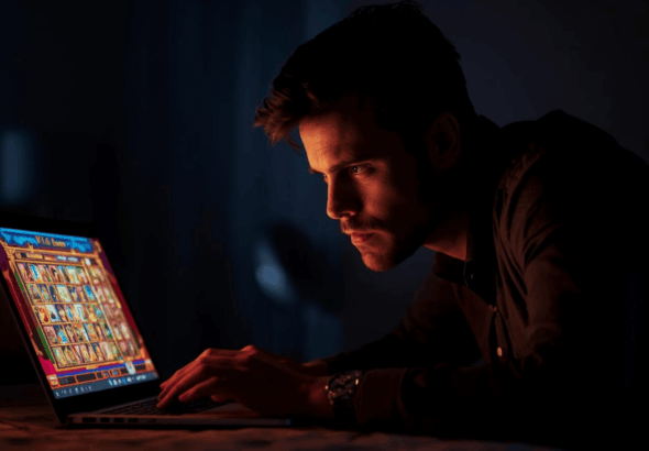 Pria fokus bermain slot online di malam hari