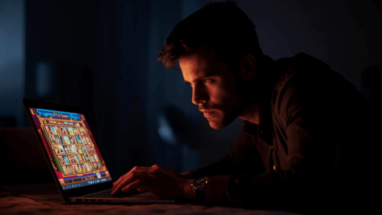 Pria fokus bermain slot online di malam hari